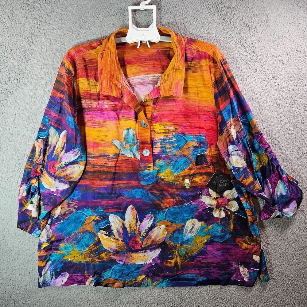 $119 NEW John Mark Top Shirt Women 2X 1/2 Button Floral Painting Lightweight - Picture 1 of 11